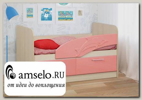 Кровать 800х1400 с ящ. "Вилли" (МДФ) (Дуб Линдберг/Розовый металлик/Рис.Дельфин)