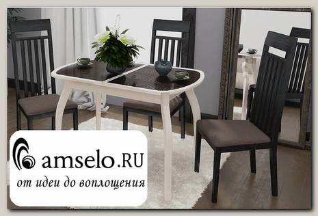 Стол 1,1/1,4 "Samuel" (Дуб Белфорт/Кожзам Аллигатор Коричн./Стекло Беж.с рис./Дерево)